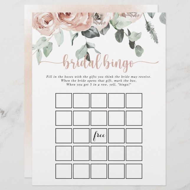 Classic Dusty Pink Rose Floral Bridal Bingo Game (Front/Back)
