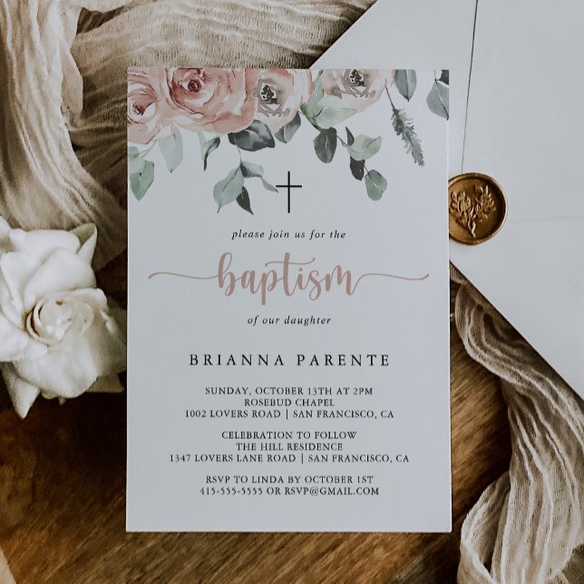 Classic Dusty Pink Rose Floral Calligraphy Baptism Invitation (Creator Uploaded)