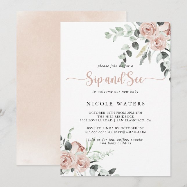 Classic Dusty Pink Rose Floral Sip and See  Invitation (Front/Back)