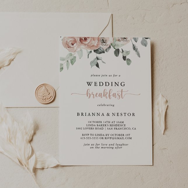 Classic Dusty Pink Rose Floral Wedding Breakfast  Invitation (Creator Uploaded)