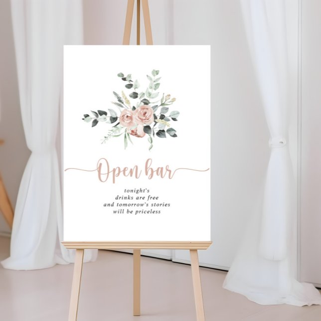 Classic Dusty Pink Rose Wedding Open Bar Sign (Creator Uploaded)