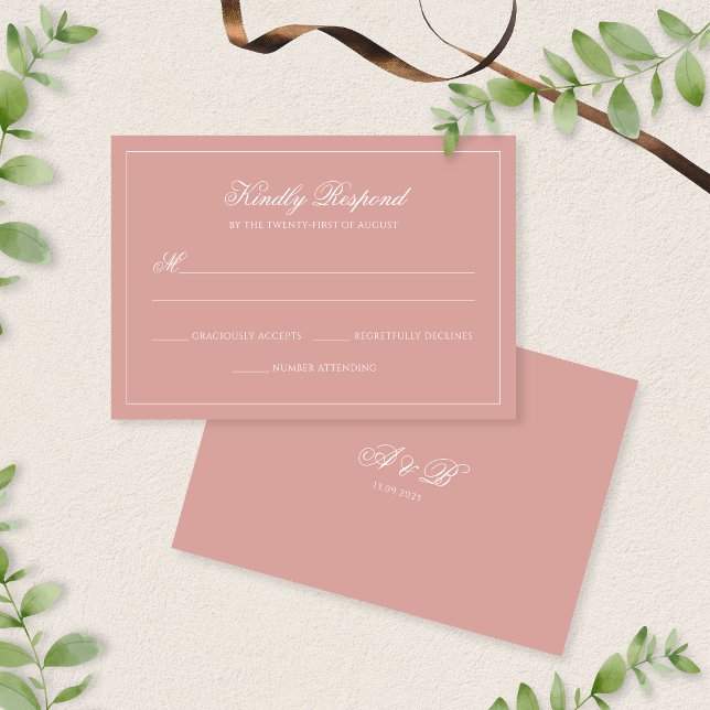 Classic Dusty Rose Border Monogram Script Wedding RSVP Card (Creator Uploaded)