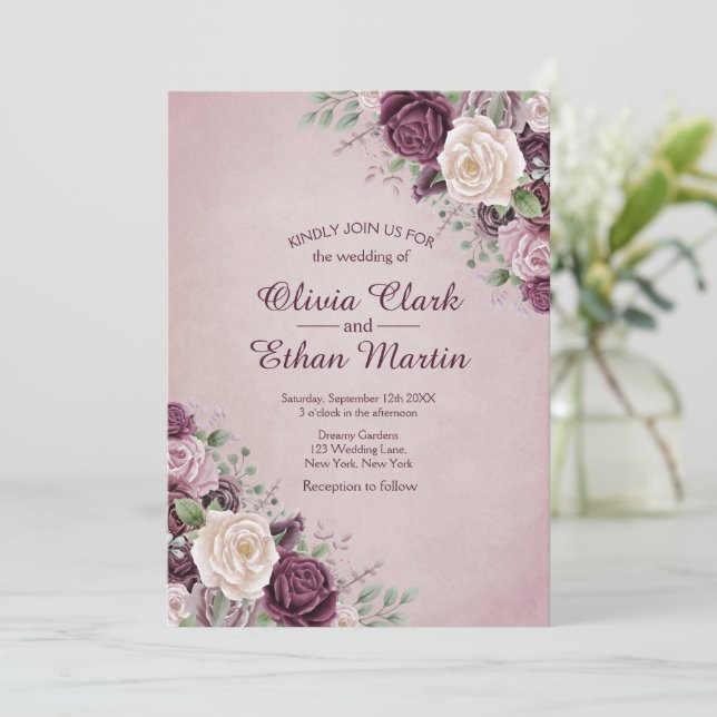 Classic Dusty Rose Floral Invitation (Standing Front)