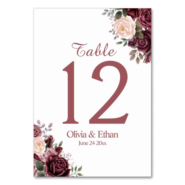 Classic Dusty Rose  Foral on White Table Number (Front)