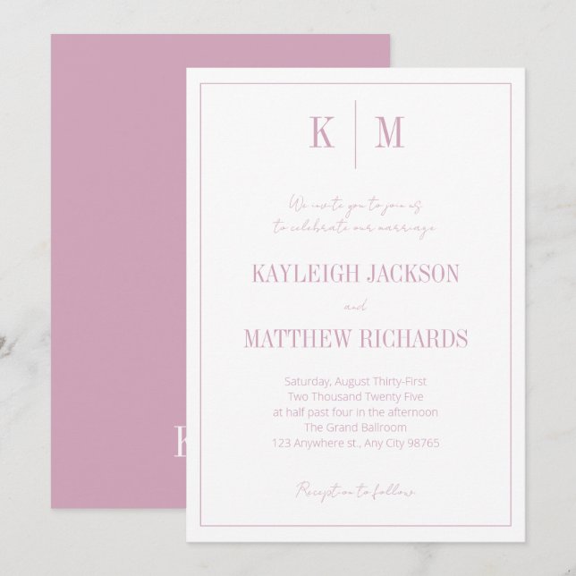 Classic Dusty Rose Monogram Elegant Wedding  Invitation (Front/Back)