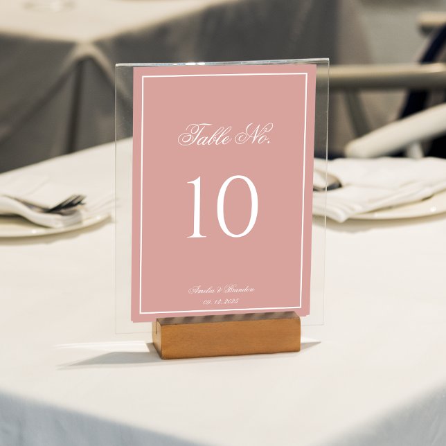 Classic Dusty Rose & White Border Script Wedding Table Number (Creator Uploaded)