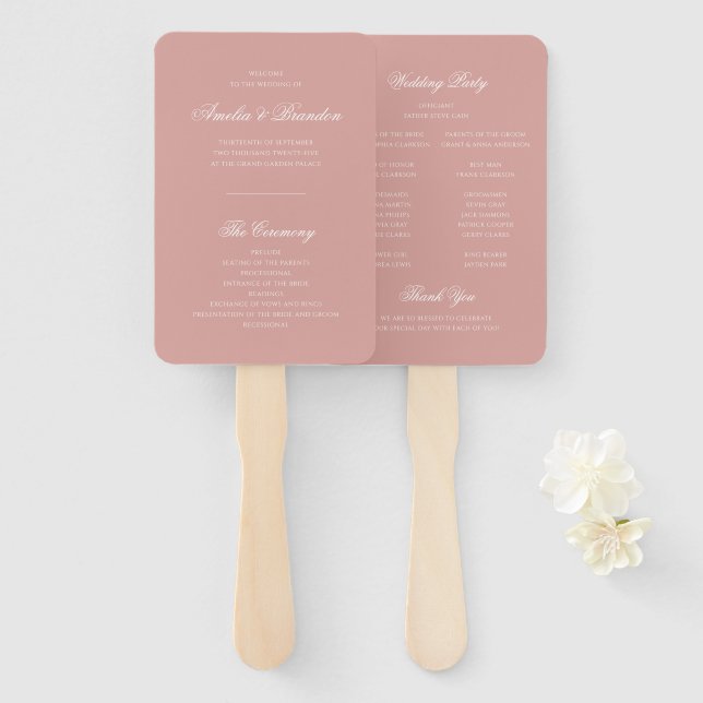 Classic Dusty Rose & White Script Wedding Program Hand Fan (Front and Back)