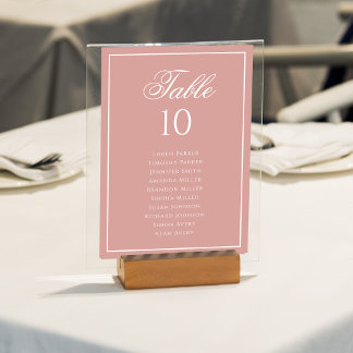 Classic Dusty Rose & White Wedding Seating Chart Table Number