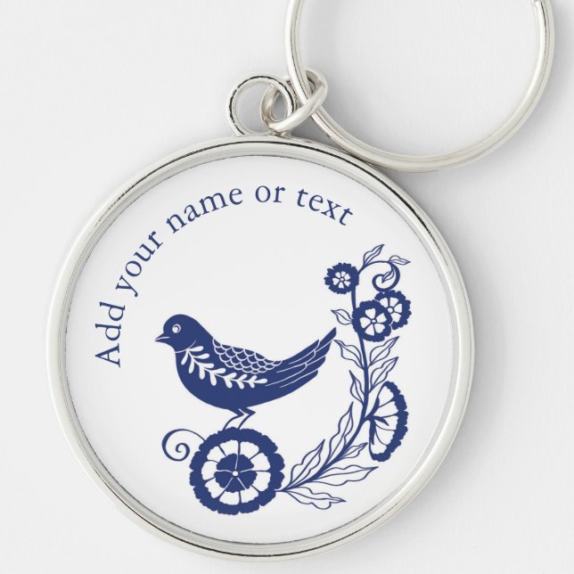 Classic Dutch Blue Delft Tile Bird Design Key Ring (Front)