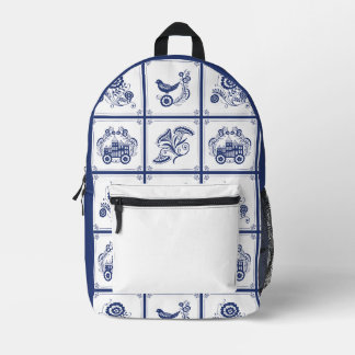 Classic Dutch Blue Delft Tile Floral & Bird Design Printed Backpack