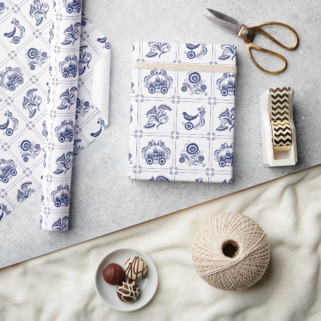 Classic Dutch Blue Delft Tile Floral & Bird Wrapping Paper (Crafts)