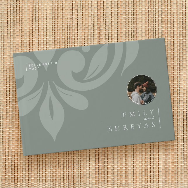 Classic Earthy Damask Sage Olive Photo Wedding Guest Book (Creator Uploaded)