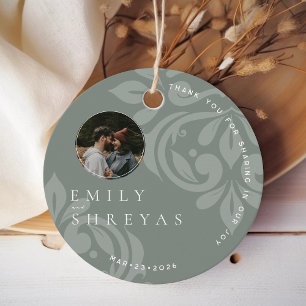 Classic Earthy Olive Damask Photo Wedding Round Favour Tags