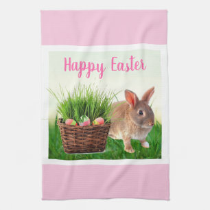 Classic Easter Bunny and Holiday Basket / Pink Tea Towel