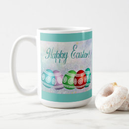 Classic Easter Mug Colourful Eggs & Teal Backgroun