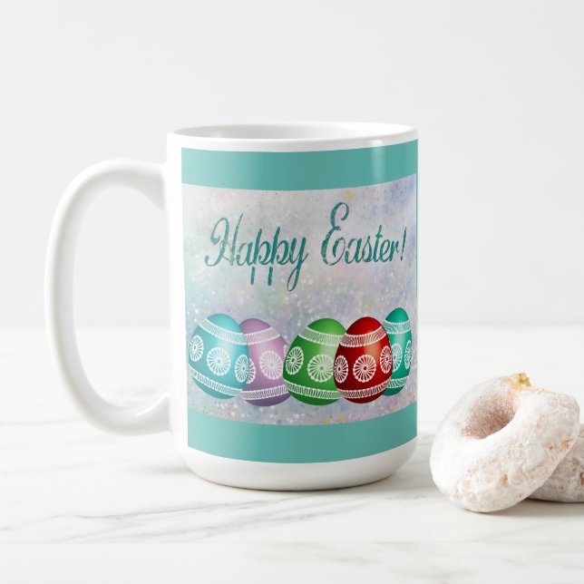 Classic Easter Mug Colourful Eggs & Teal Backgroun (With Donut)