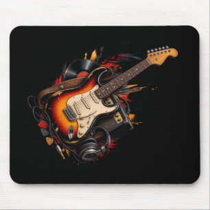 Classic Electric Guitar & Vinyl Record Mouse Pad 