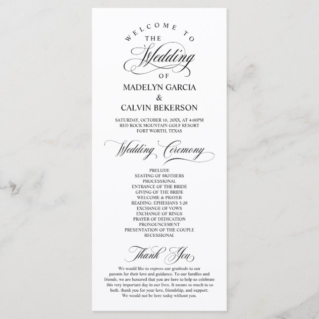 Classic Elegance Black Script, Wedding Ceremony Programme (Front)
