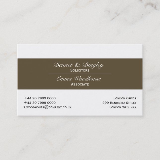 Classic Elegance Brown & White Business Card (Front)