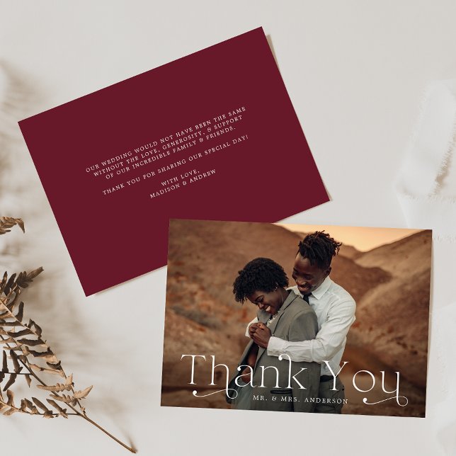 Classic Elegance Burgundy Photo Wedding Thank You Card (Creator Uploaded)