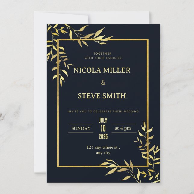 Classic Elegance: Navy Blue and Gold Wedding  Invitation (Front)