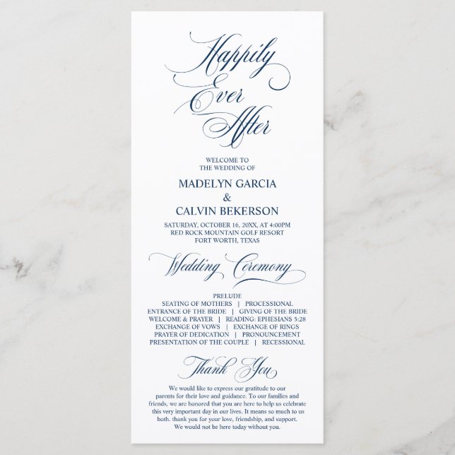 Classic Elegance Navy Blue Script Wedding Ceremony Programme (Front)