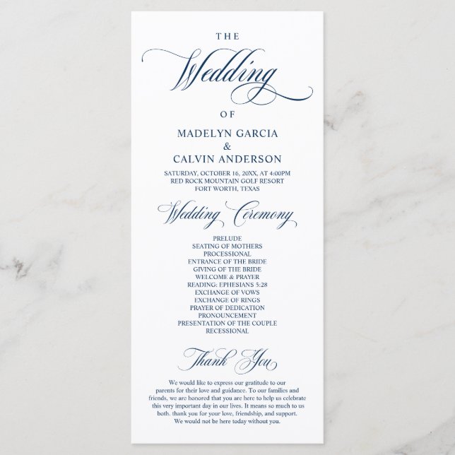 Classic Elegance Navy Blue, Wedding Ceremony Progr Programme (Front)