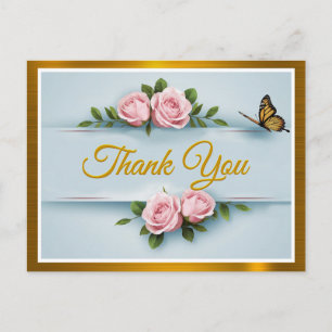 Classic Elegance Pink Roses, butterfly Thank You Postcard