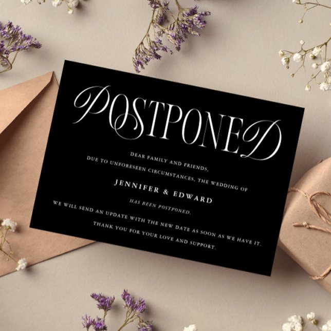 Classic Elegance Postponed Wedding Update Black Invitation (Creator Uploaded)