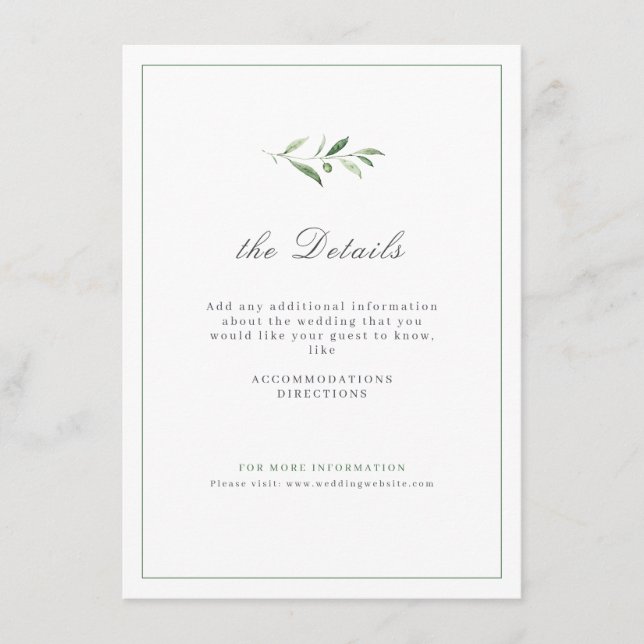 Classic Elegance Script Greenery Wedding Details Enclosure Card (Front)