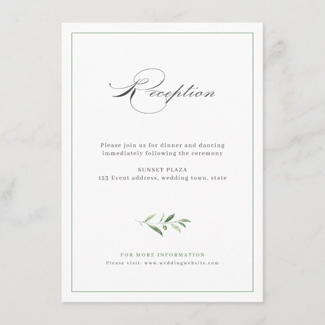 Classic Elegance Script Greenery Wedding Reception Enclosure Card (Front)