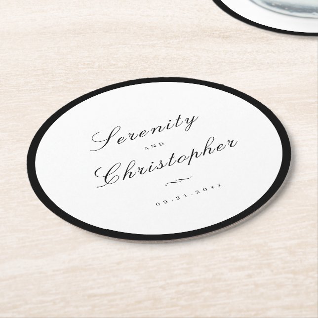 Classic Elegance Script Minimalist Wedding Round Paper Coaster (Angled)