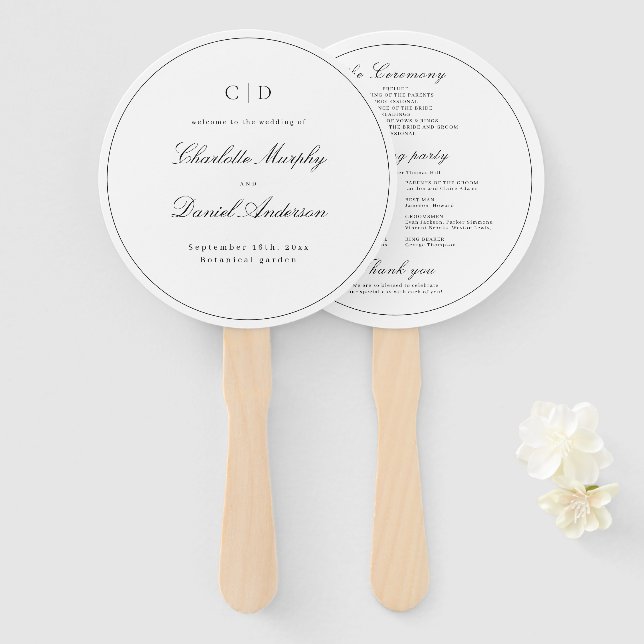 Classic Elegance Script Monogram Wedding Program H Hand Fan (Front and Back)