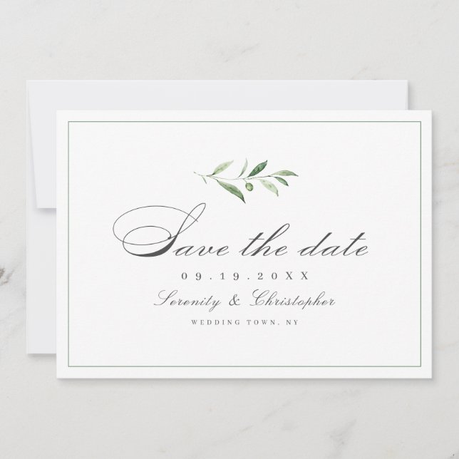 Classic Elegance Script Simple Greenery Save The D Save The Date (Front)