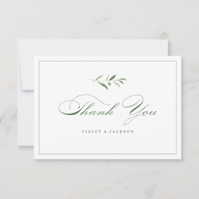Classic Elegance Script Simple Greenery Thank You Card (Front)