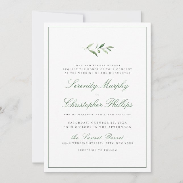 Classic Elegance Script Simple Greenery Wedding Invitation (Front)