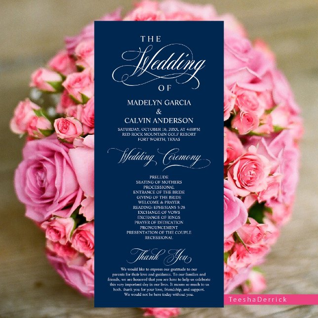 Classic Elegance Script, Wedding Ceremony Programme (Elegant Classy Modern Wedding Program Card, in Navy Blue)