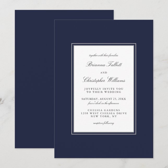 Classic Elegance Simple Navy Blue Wedding Invitation (Front/Back)