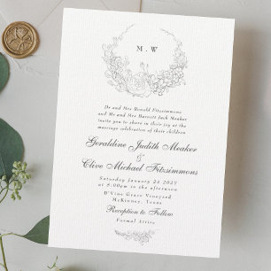 Classic Elegance   Subtle Wreath Monogram Wedding Invitation