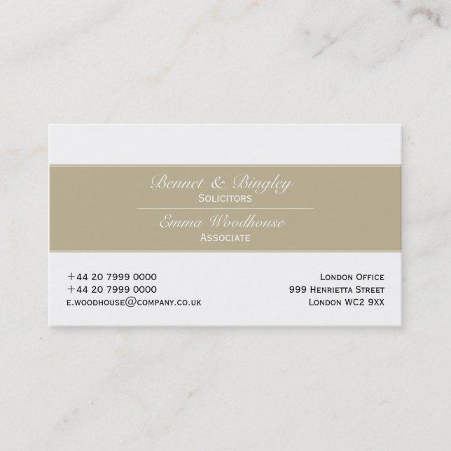 Classic Elegance Tan & White Business Card (Front)