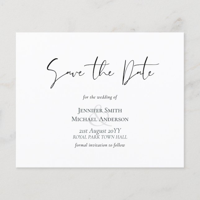 Classic Elegance White Script Save the Date Budget (Front)