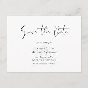 Classic Elegance White Script Save the Date Budget Postcard