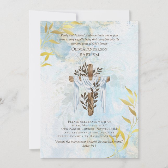 Classic Elegant BAPTISM Invite Aqua Blue Gold (Front)