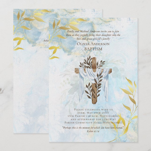Classic Elegant BAPTISM Invite Aqua Blue Gold (Front/Back)