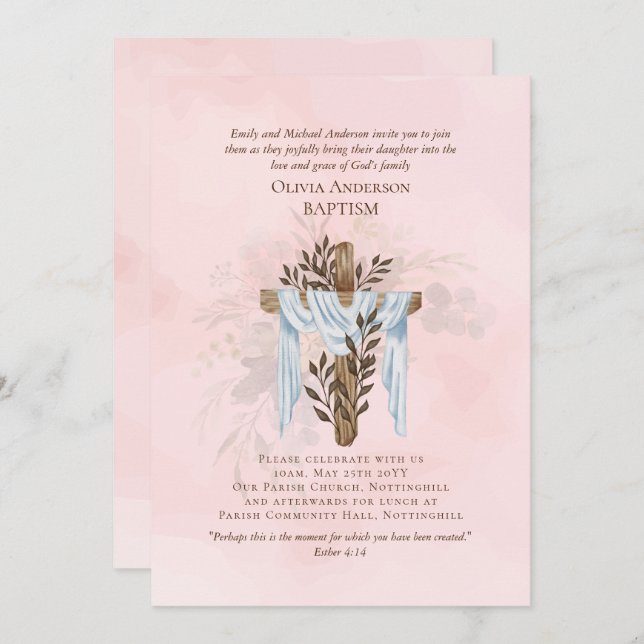 Classic Elegant BAPTISM Invite Blush Pink (Front/Back)