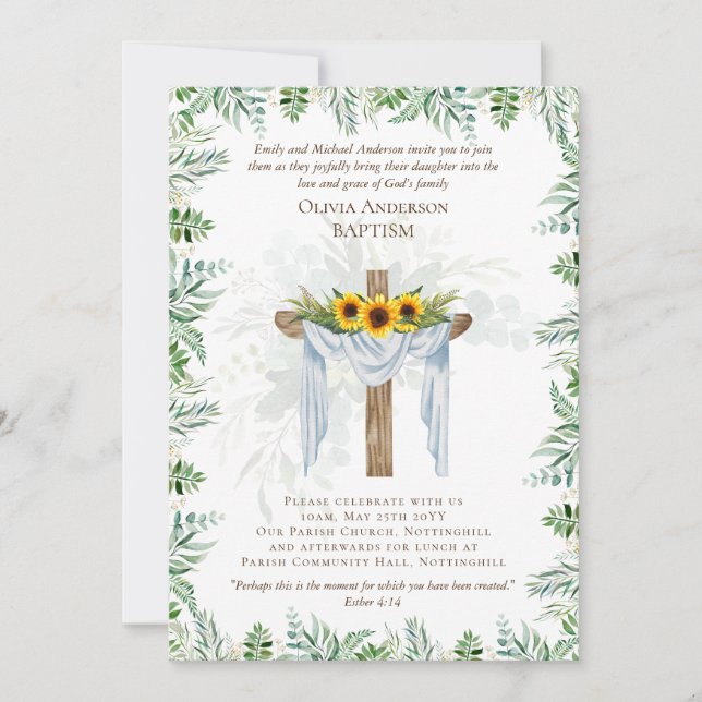 Classic Elegant BAPTISM Invite Greenery Sunflowers (Front)