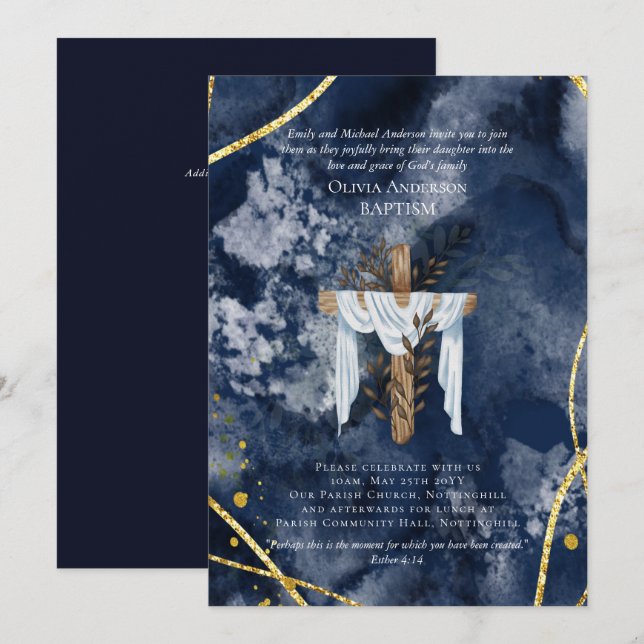 Classic Elegant BAPTISM Invite Navy Blue Gold (Front/Back)