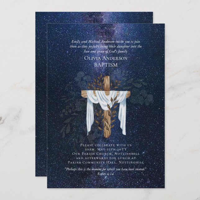 Classic Elegant BAPTISM Invite Navy Starry Night (Front/Back)