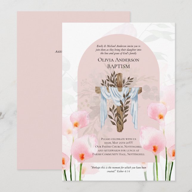 Classic Elegant BAPTISM Invite Pink Calla Lilys (Front/Back)