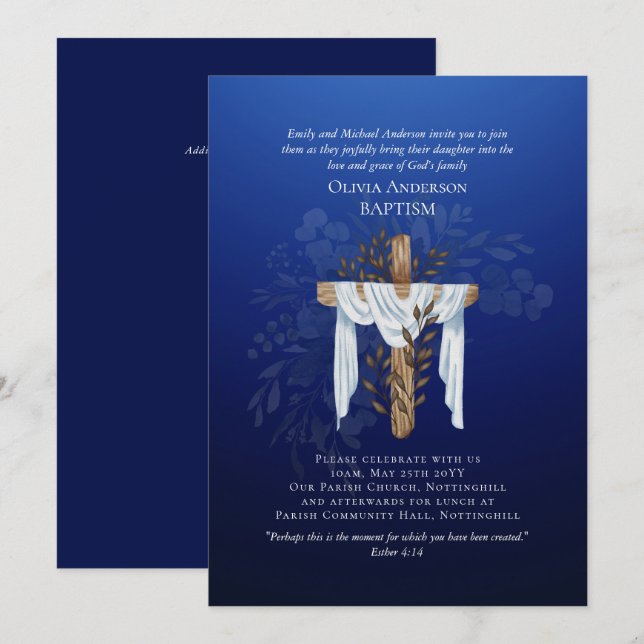 Classic Elegant BAPTISM Invite Sapphire Blue (Front/Back)